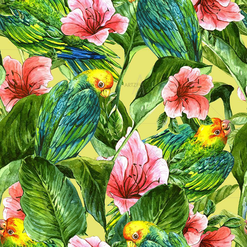Tropical Leaves & Hibiscus Flowers D4 — custom-size art design 5008147
