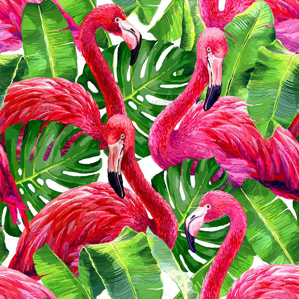 Tropical Pink Flamingo & Monstera Leafs Pattern — Botanical custom art by ArtzFolio