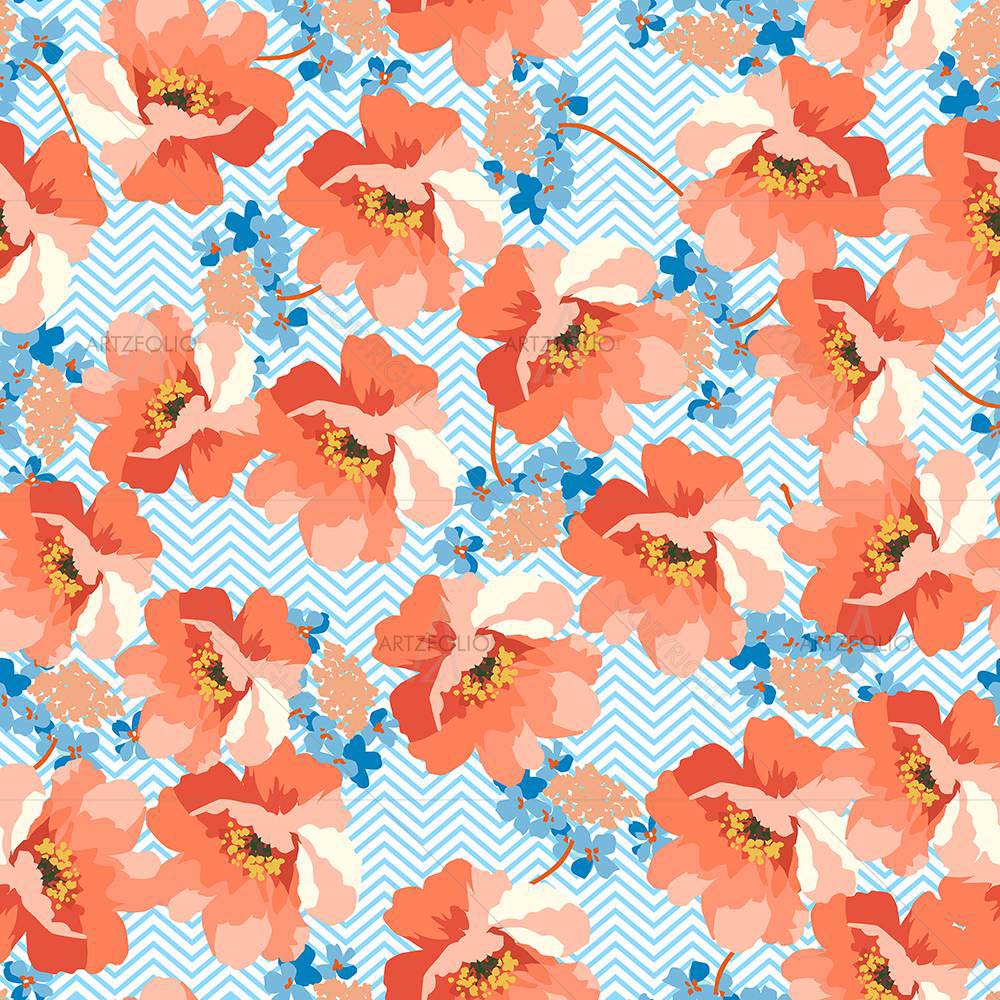 Blue And Coral Flowers — custom-size art design 5008180
