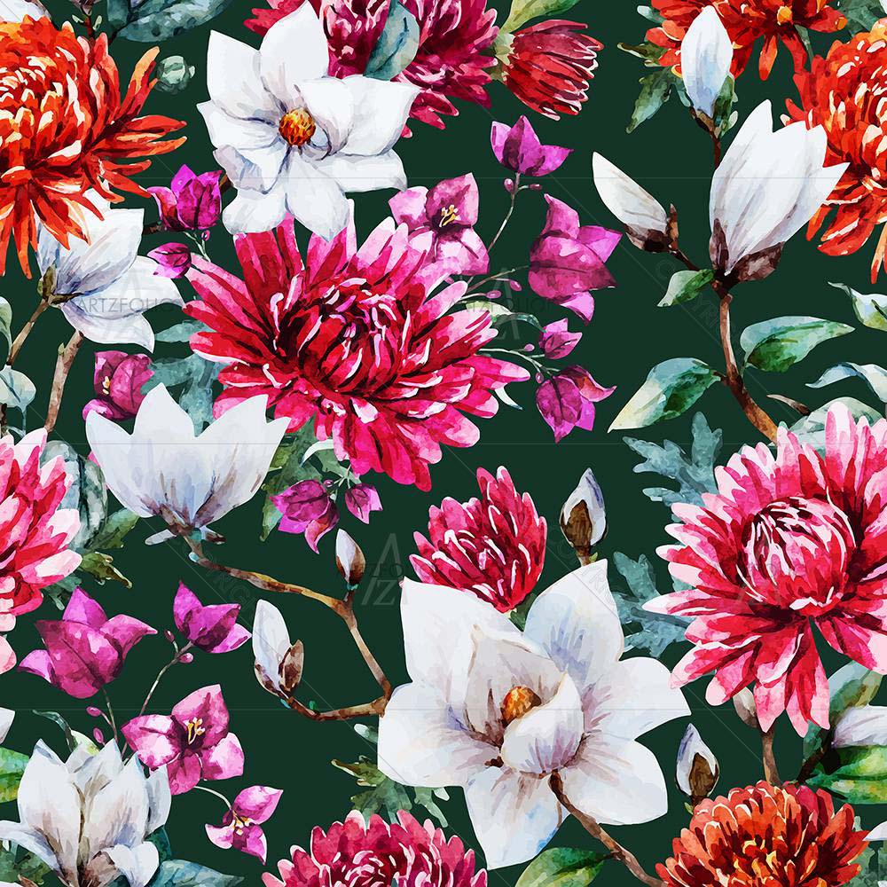 Watercolor Chrysanthemum & Magnolia Pattern — Botanical custom art by ArtzFolio