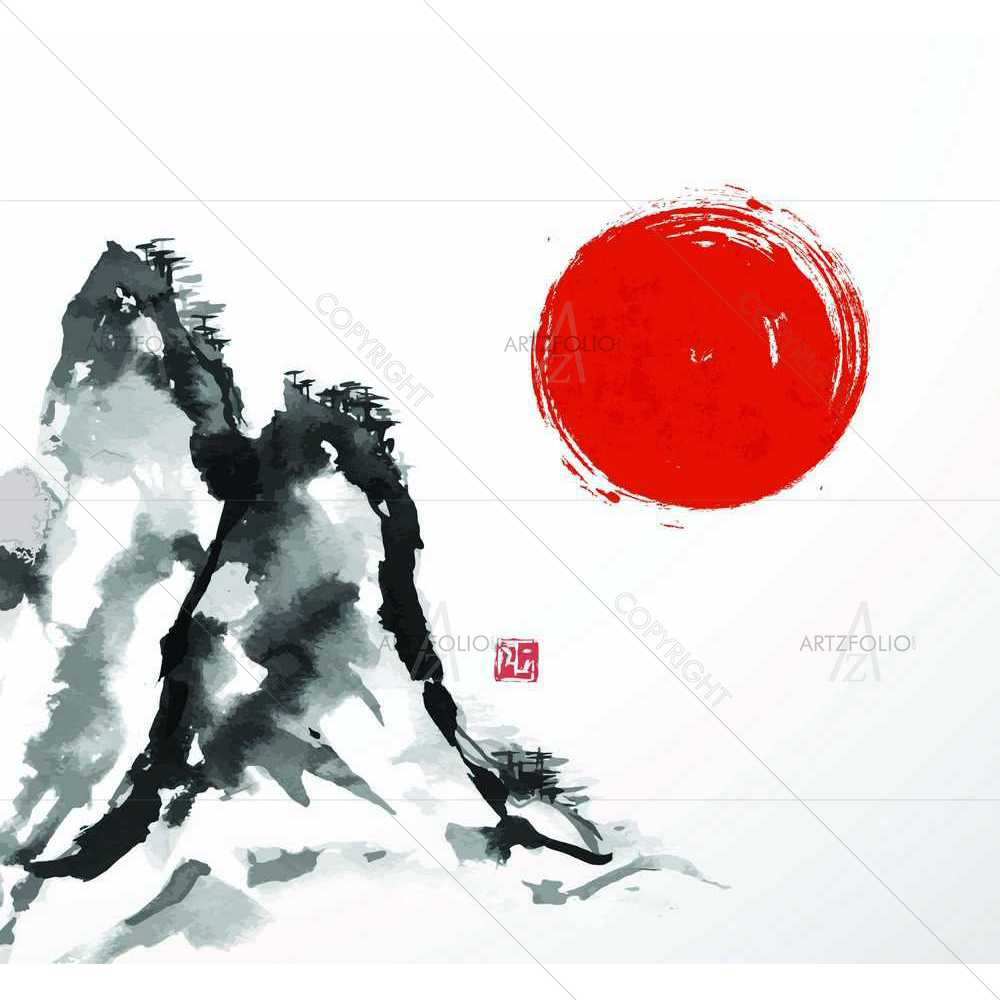 Mountains & Red Sun — custom-size art design 5008714