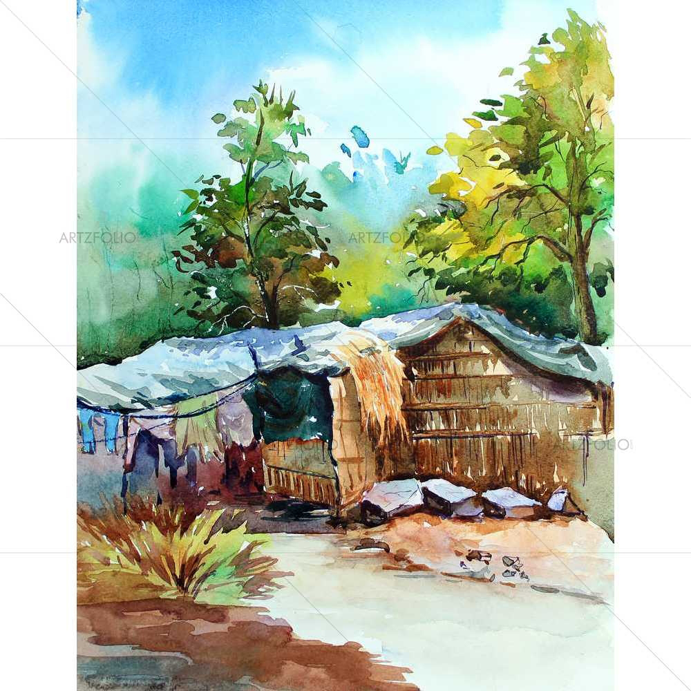 Watercolour Village Huts — Culture custom art by ArtzFolio