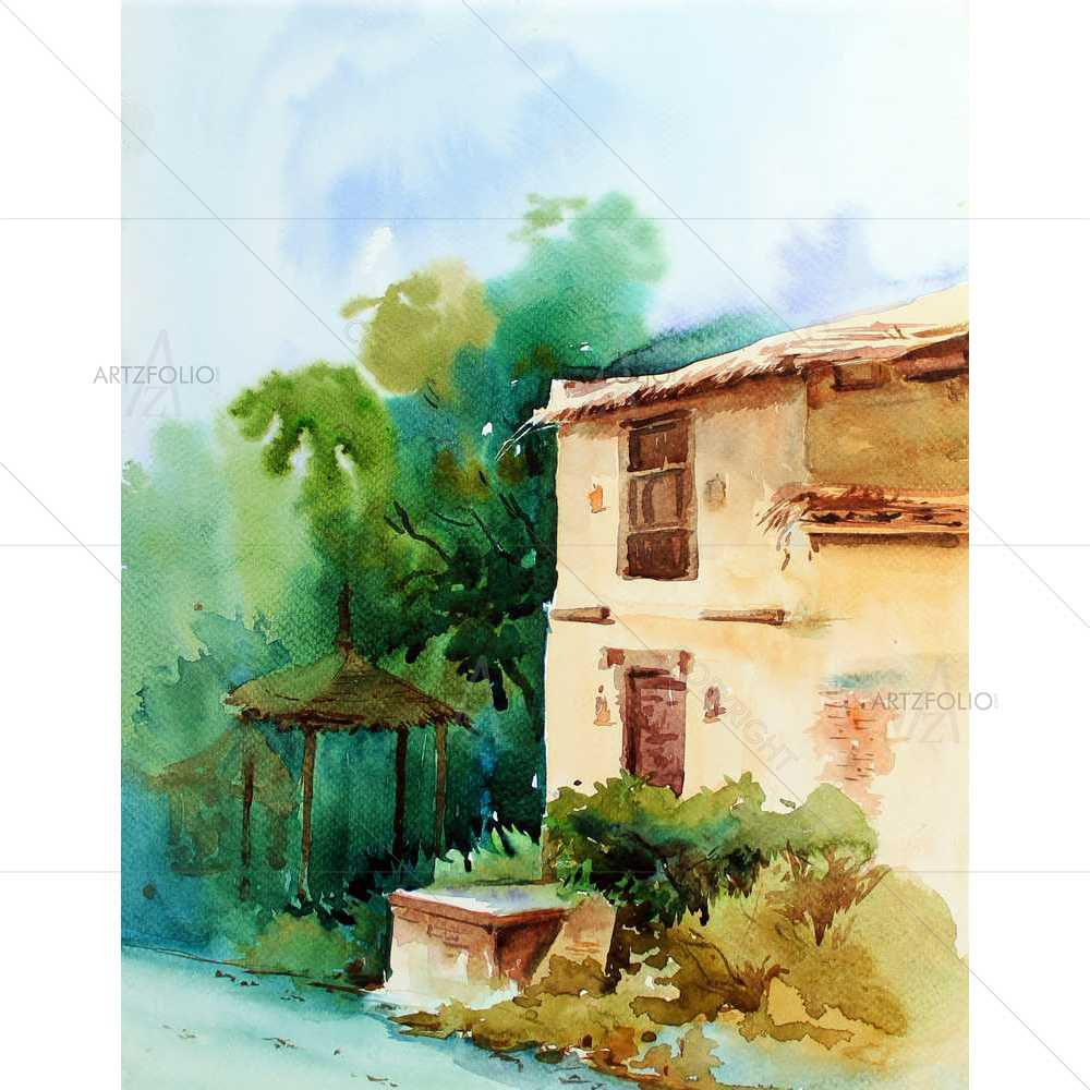Watercolour Village House — custom-size art design 5008972