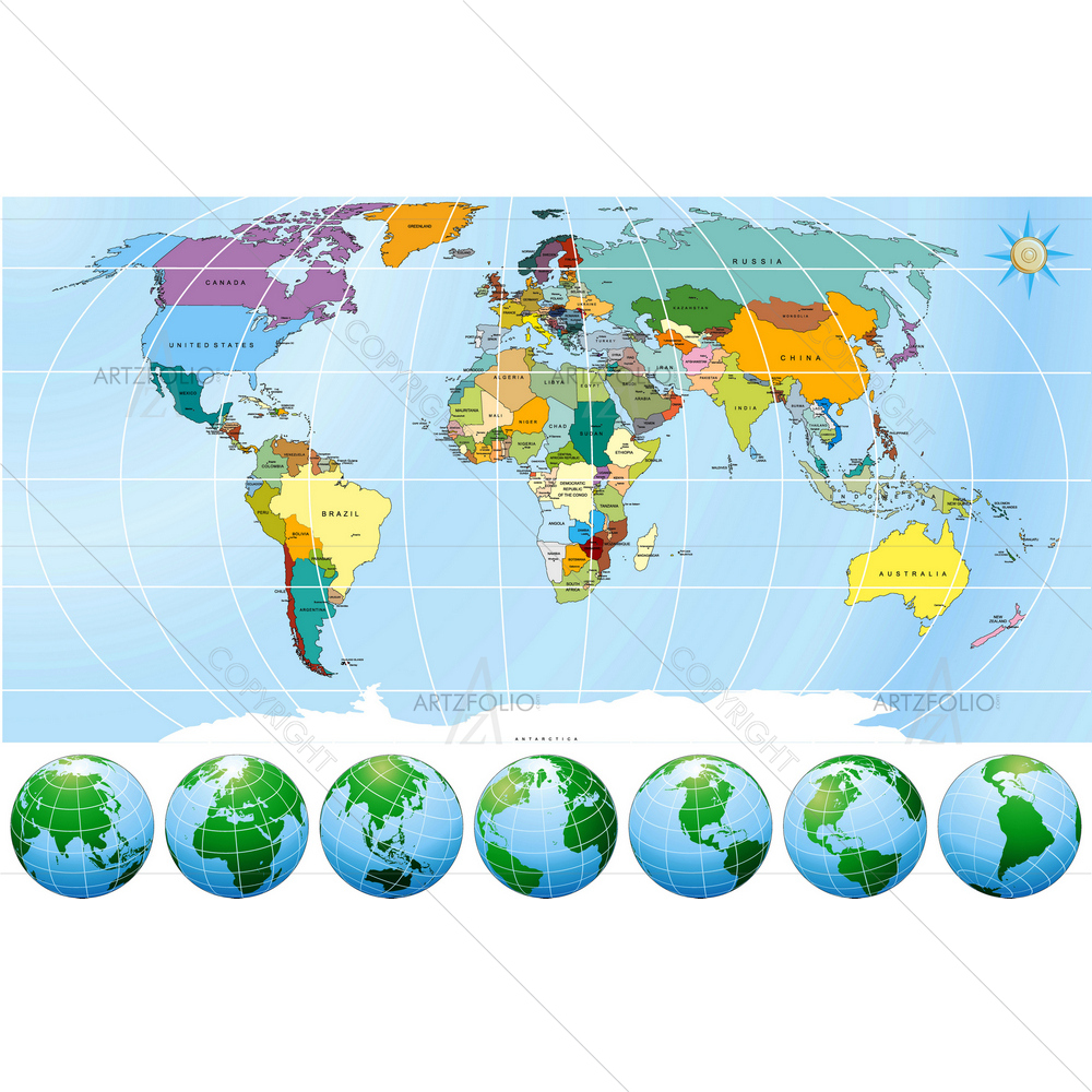 World Map with Globes — custom-size art design 5009351