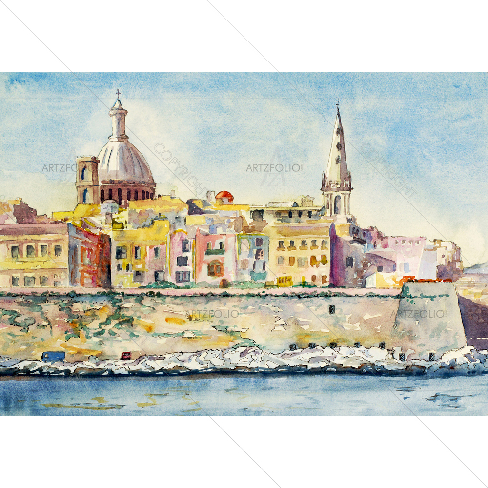 Watercolor Valletta, Malta — Fluid marble custom art by ArtzFolio
