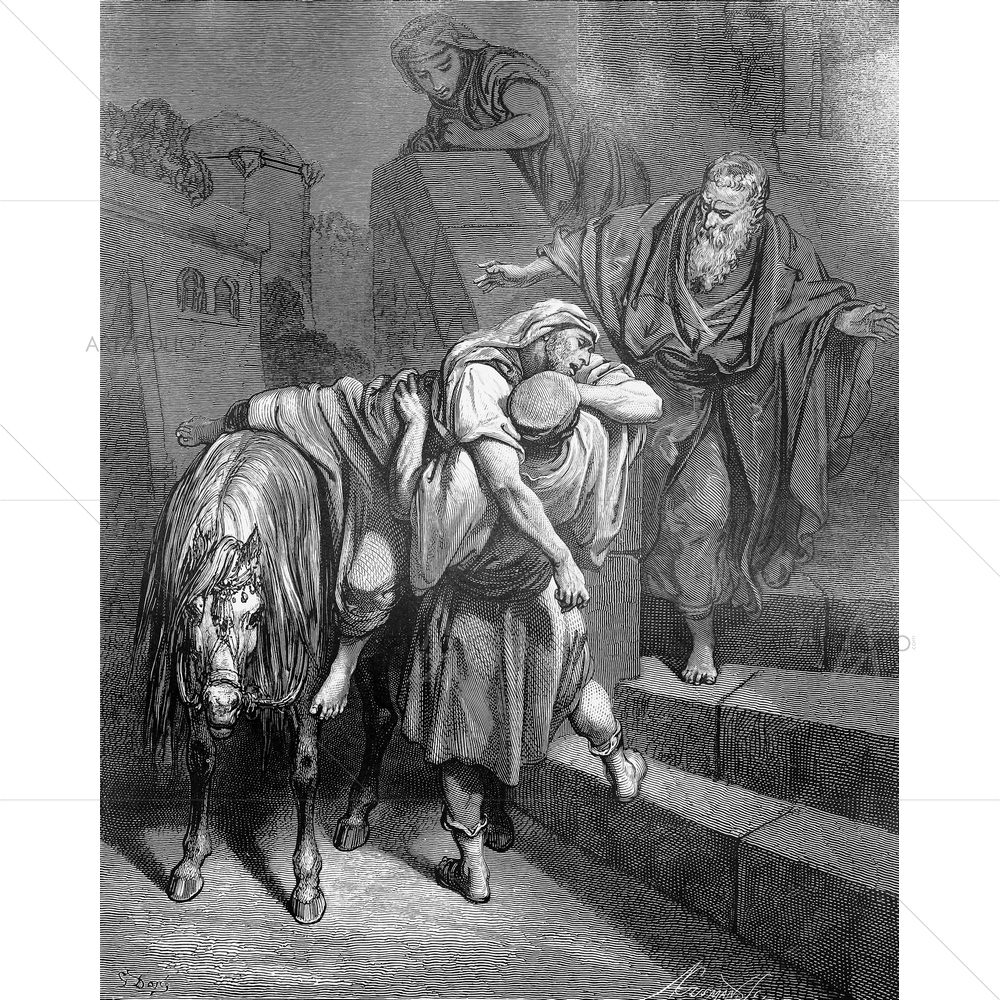 Arrival of Good Samaritan at Inn, Holy Scriptures — Devotional custom art by ArtzFolio