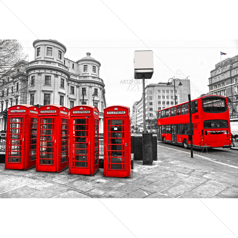 Double-Decker Bus and Red Telephone, London — custom-size art design 5009595