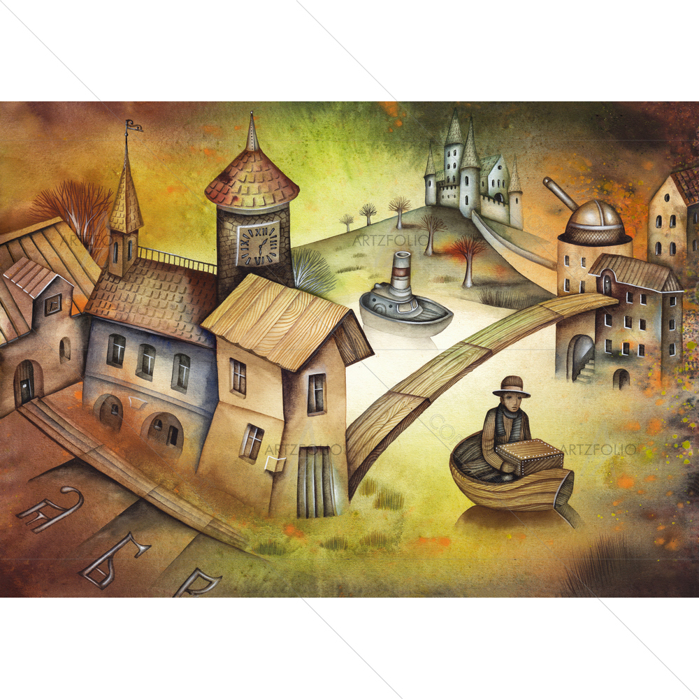 Dream-Space with Coastal Village — custom-size art design 5009625
