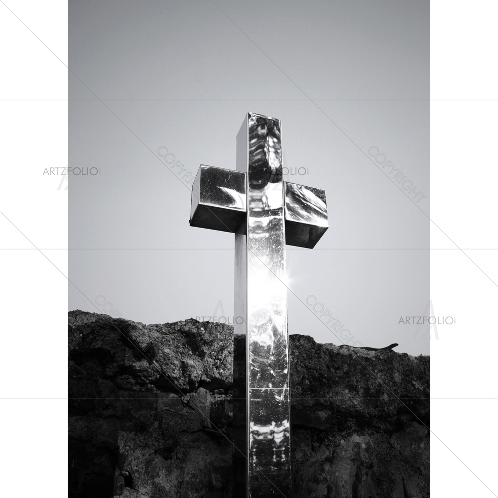 Modern Reflected Crucifix with Stone Wall — Devotional custom art by ArtzFolio