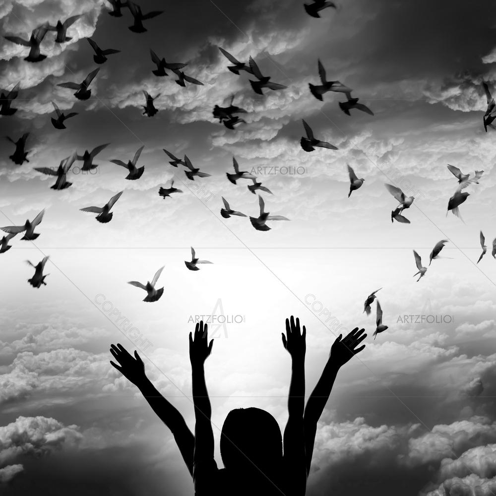 Girl Silhouette and Flying Dove — custom-size art design 5009685