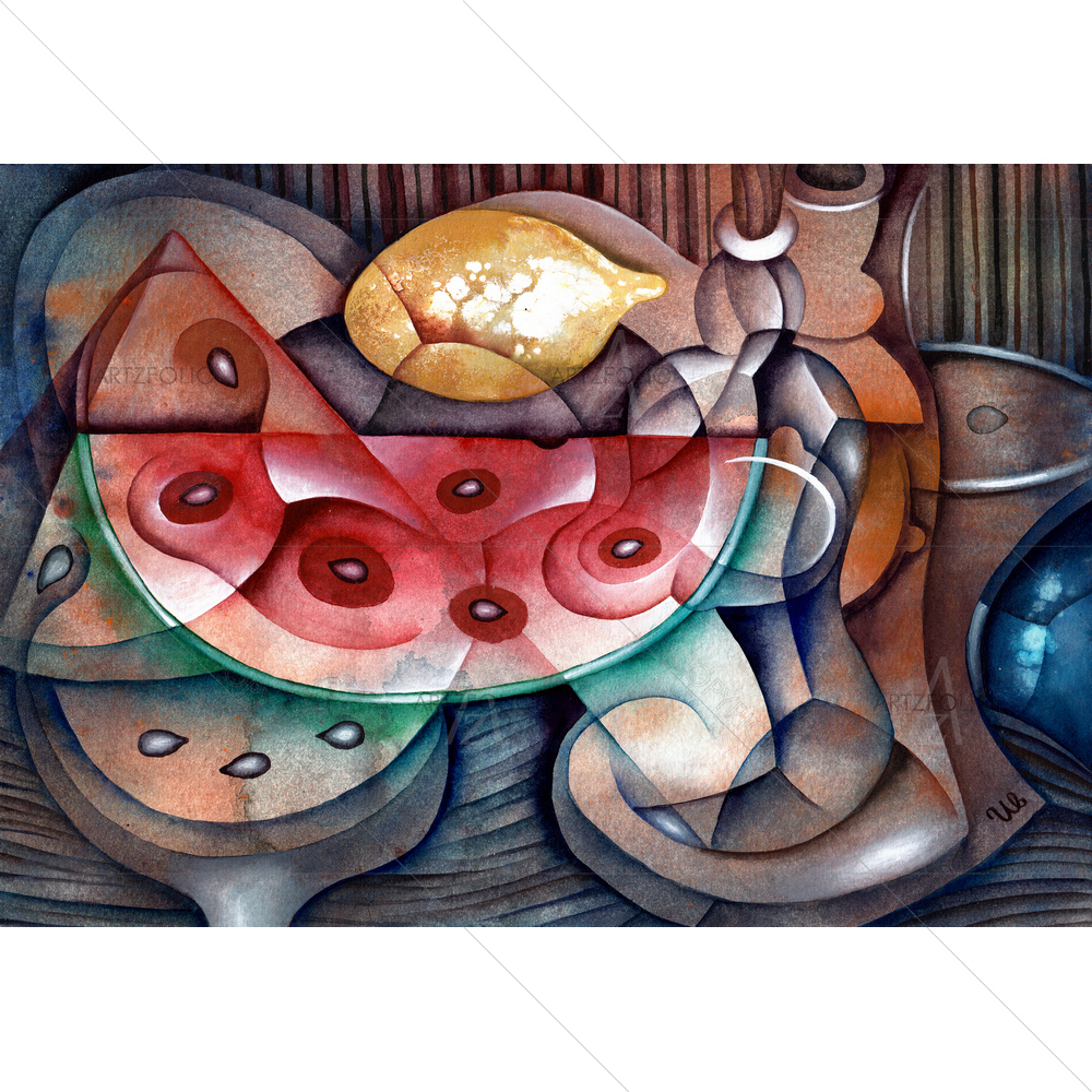 Still Life with Lemon, Melon and Bottle — Cubism custom art by ArtzFolio