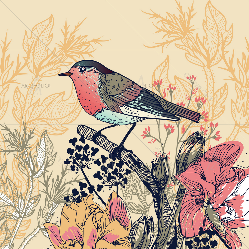 Little Bird and Flowers — Botanical custom art by ArtzFolio