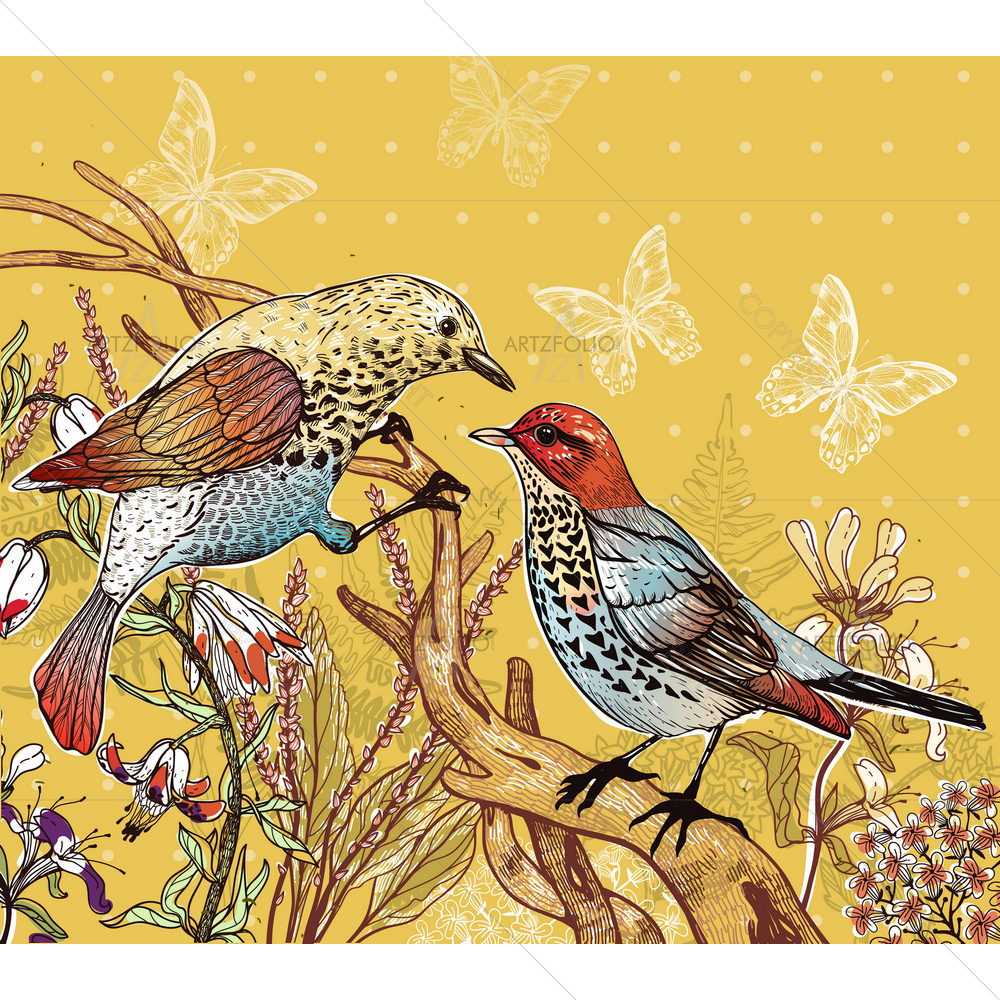 Forest Birds and Flowers — custom-size art design 5009855