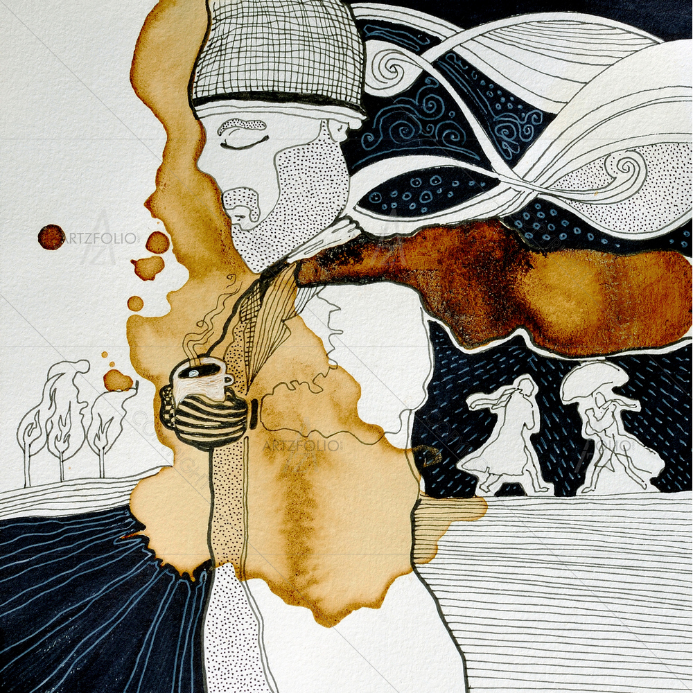 Man Waling in Snow With Coffee — custom-size art design 5009939