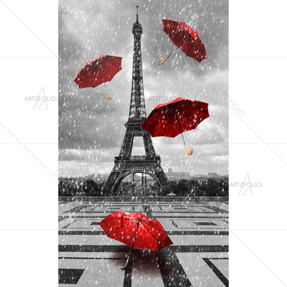 Eiffel Tower with Flying Umbrellas — custom-size art design 5010020