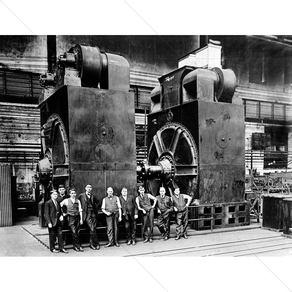 Men in Suits Dwarfed by Two Dynamos — American custom art by ArtzFolio