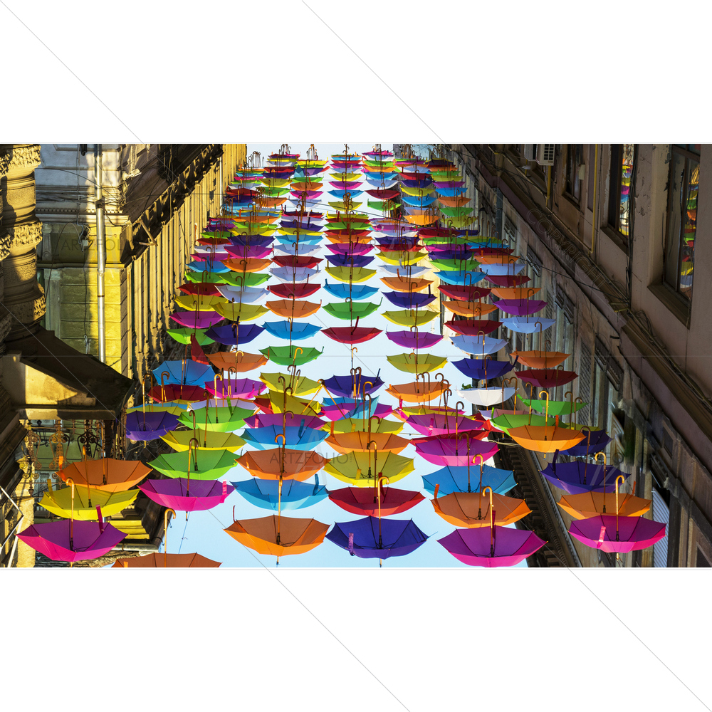 Upside Down Umbrellas Hanging on Street — Abstract custom art by ArtzFolio