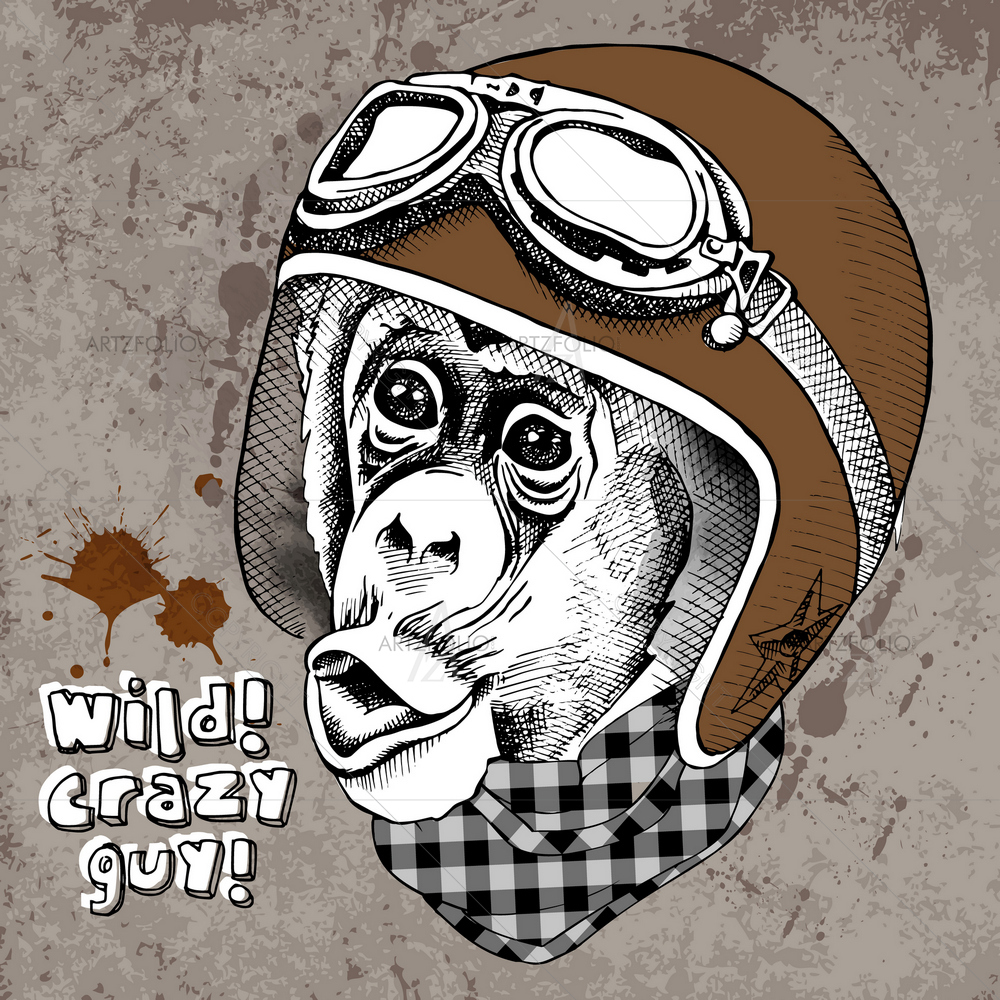 Monkey's Face with Motorcyclist Helmet D1 — Ancient custom art by ArtzFolio