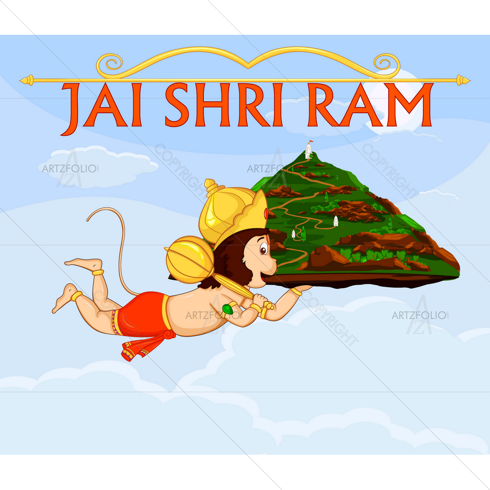 Lord Hanuman Flying with Mountain — Devotional custom art by ArtzFolio