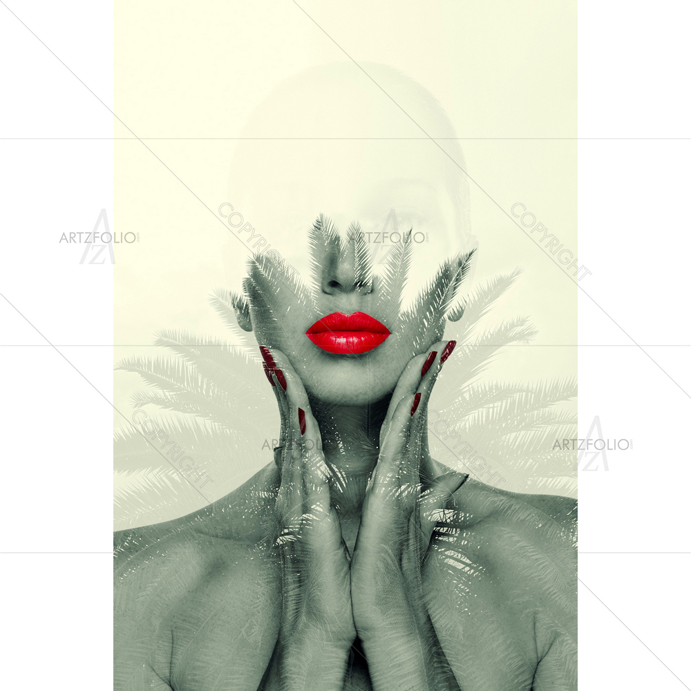 Woman with Red Lipsticks and Tropical Palms — Abstract custom art by ArtzFolio