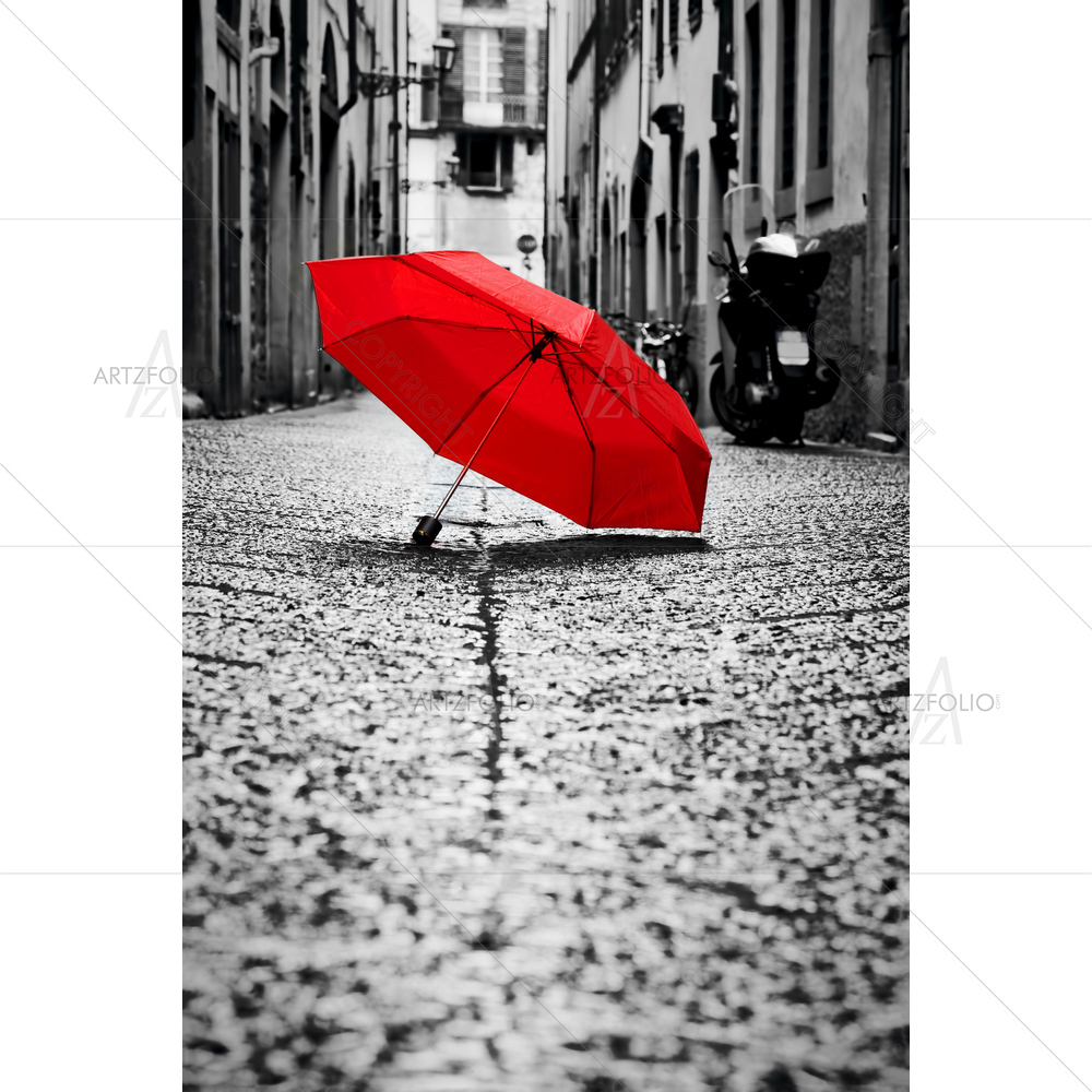 Red Umbrella on Cobblestone Street — custom-size art design 5010595