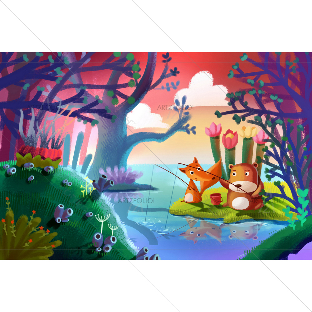 Cartoon Fox and Bear Fishing — Botanical custom art by ArtzFolio