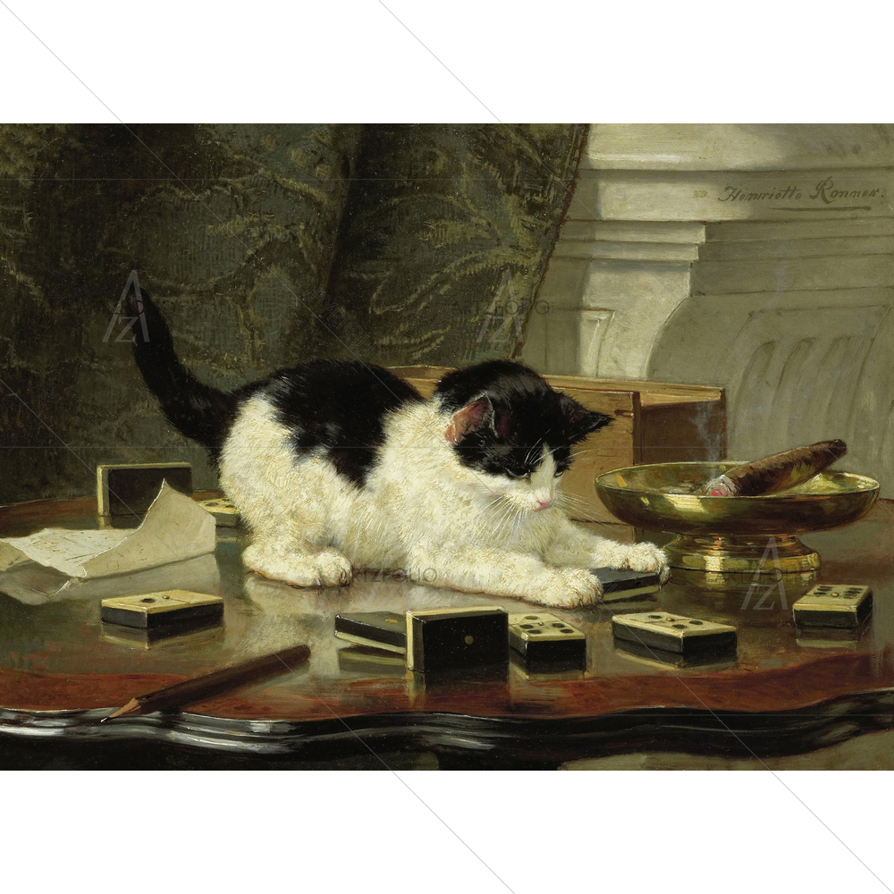 Cat on Table With Dominoes, Henriette Ronner, 1860-78 — Ancient custom art by ArtzFolio
