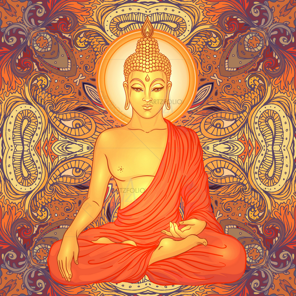 Lord Buddha Sitting over Ornate Mandala — Devotional custom art by ArtzFolio