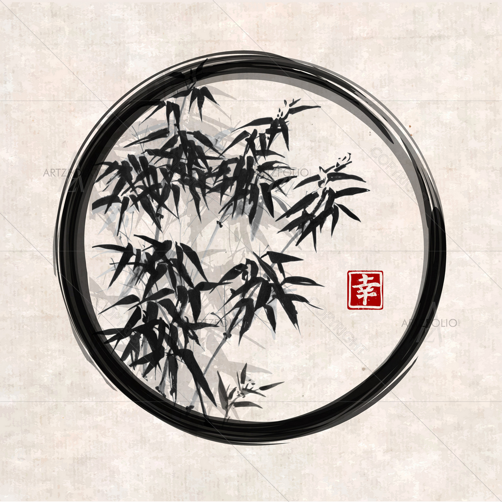 Bamboo Trees in Enso Zen Circle Hieroglyphs — custom-size art design 5010765
