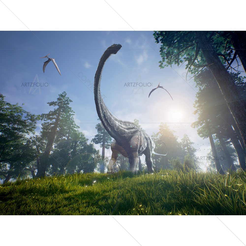 Diplodocus Browsing Trees with Two Pteranodons — American custom art by ArtzFolio
