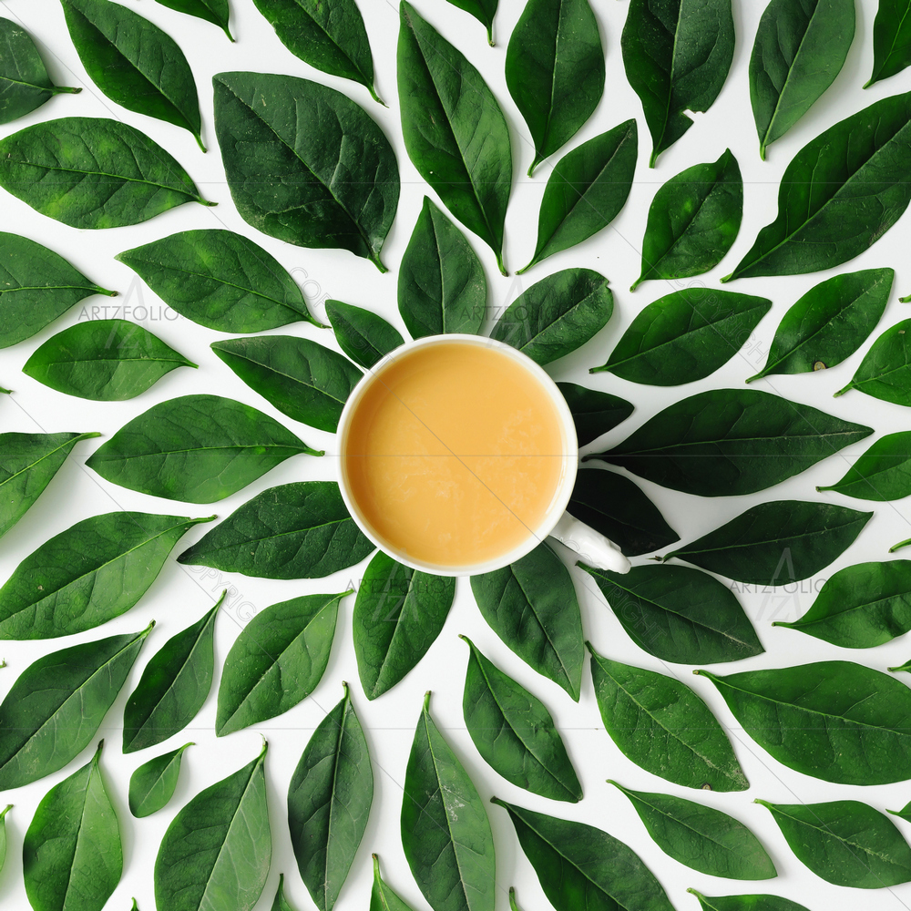 Coffee Cup on Green Leaves — Botanical custom art by ArtzFolio