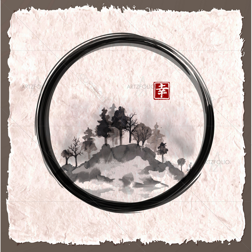 Island with Trees in Enso Zen Circle — Abstract custom art by ArtzFolio