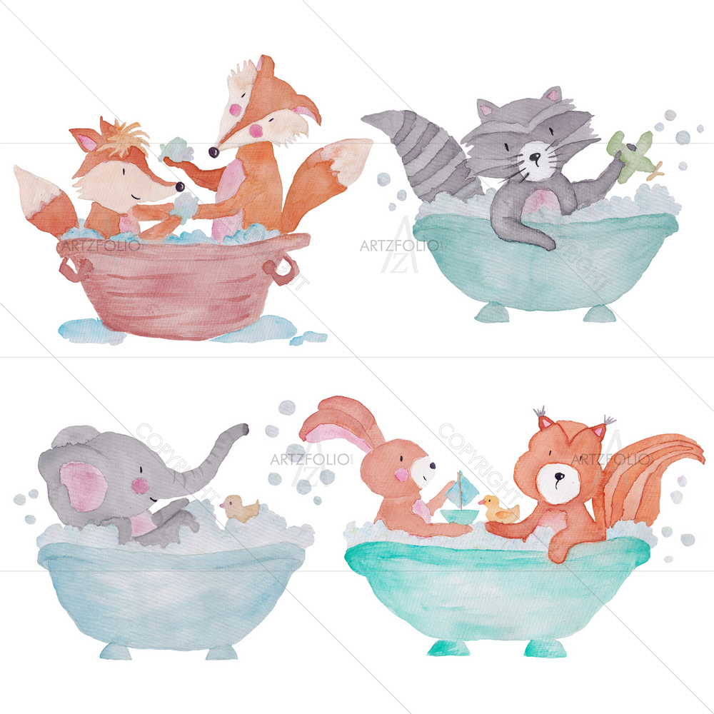 Woodland Animals Bathing — Animals custom art by ArtzFolio