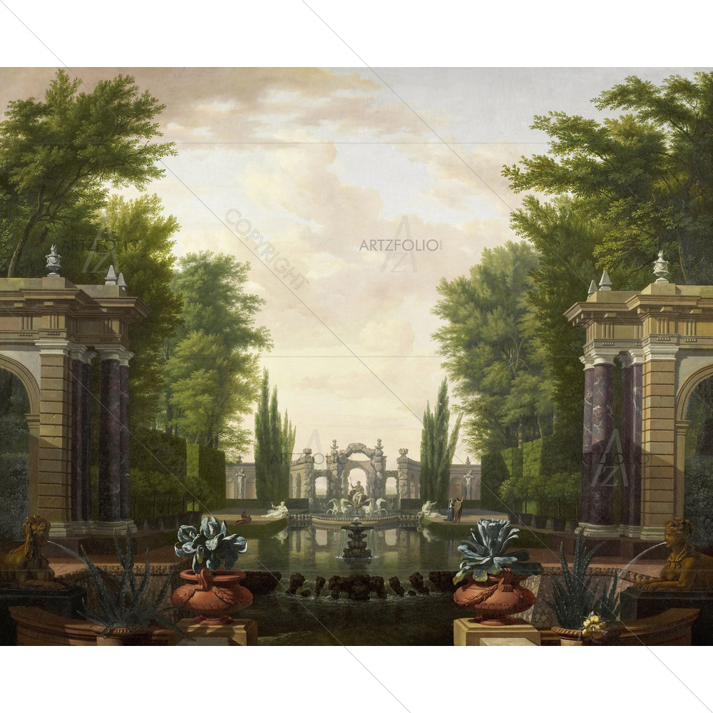 Water Terrace with Statues and Fountains in Park, Isaac De Moucheron, 1700-44 — Fluid marble custom art by ArtzFolio