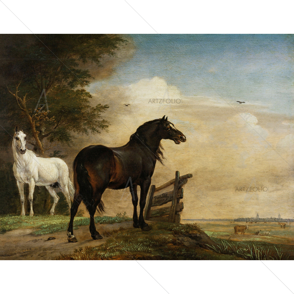 Two Horses in Meadow near Gate, Paulus Potter, 1649 — Ancient custom art by ArtzFolio