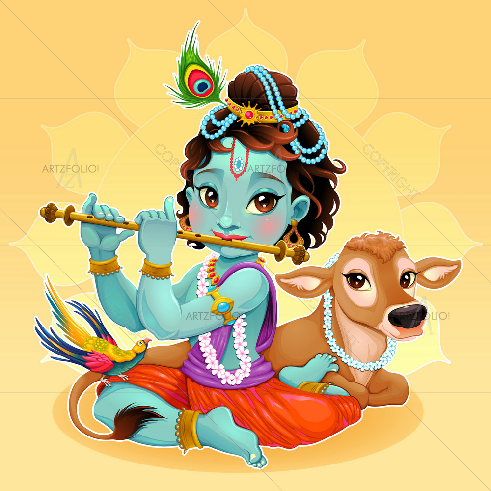 Baby Krishna with Sacred Cow — Devotional custom art by ArtzFolio