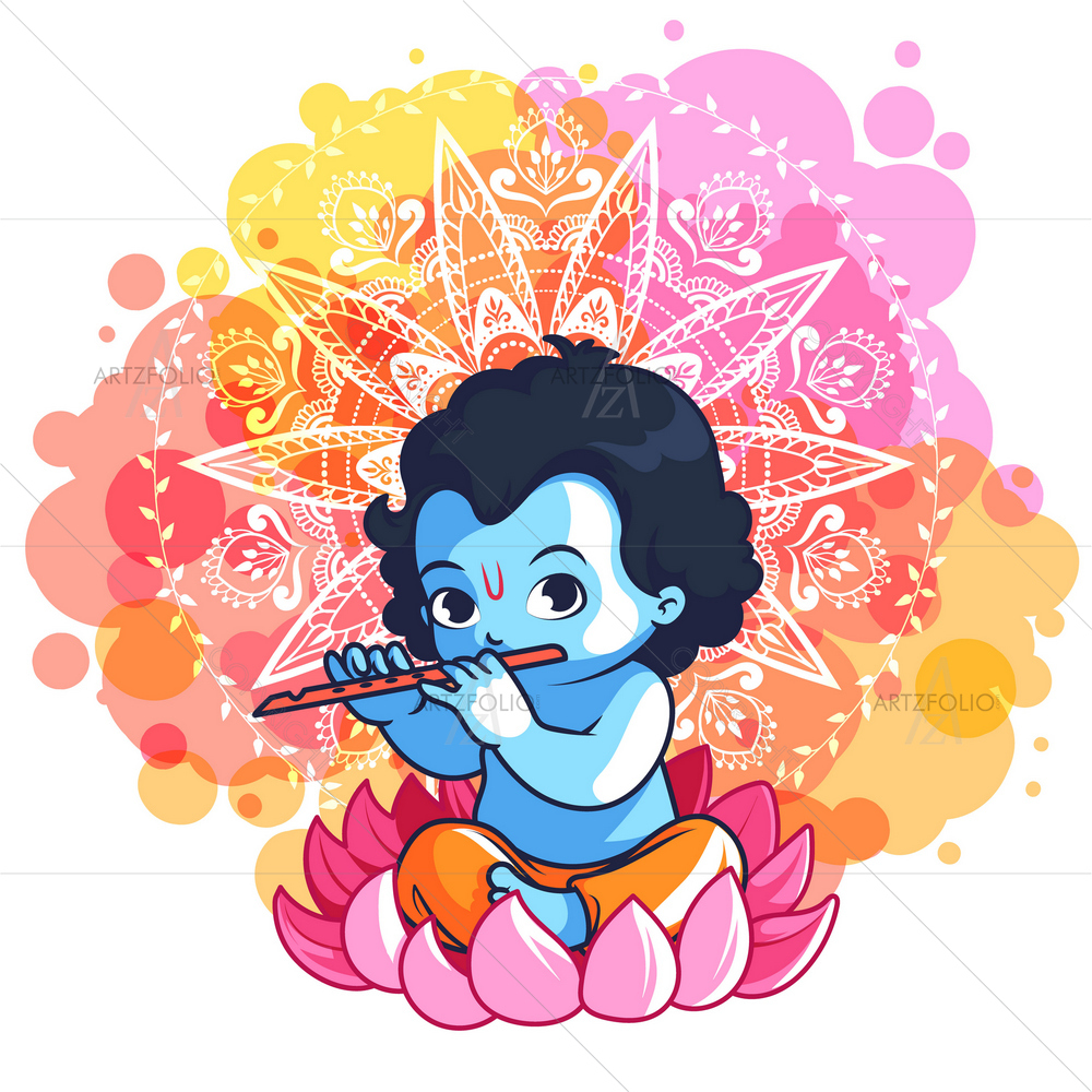 Cartoon God Krishna with Flute on Lotus — Devotional custom art by ArtzFolio