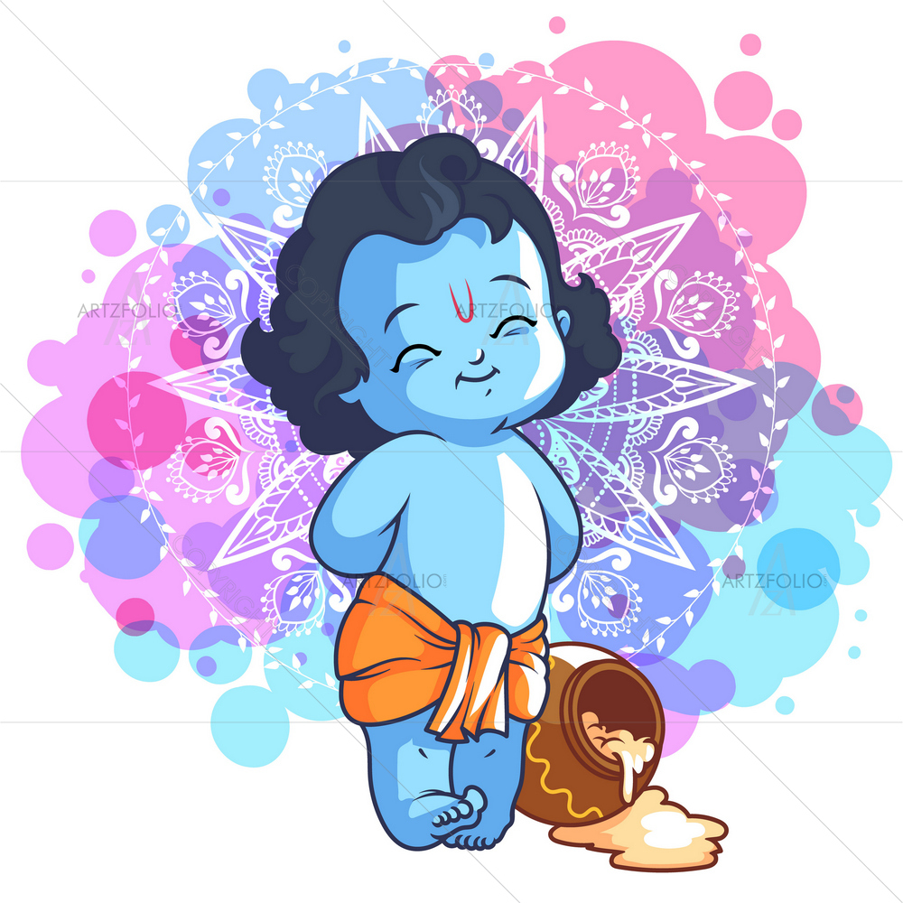 Cartoon God Krishna with Butter Pot — Devotional custom art by ArtzFolio