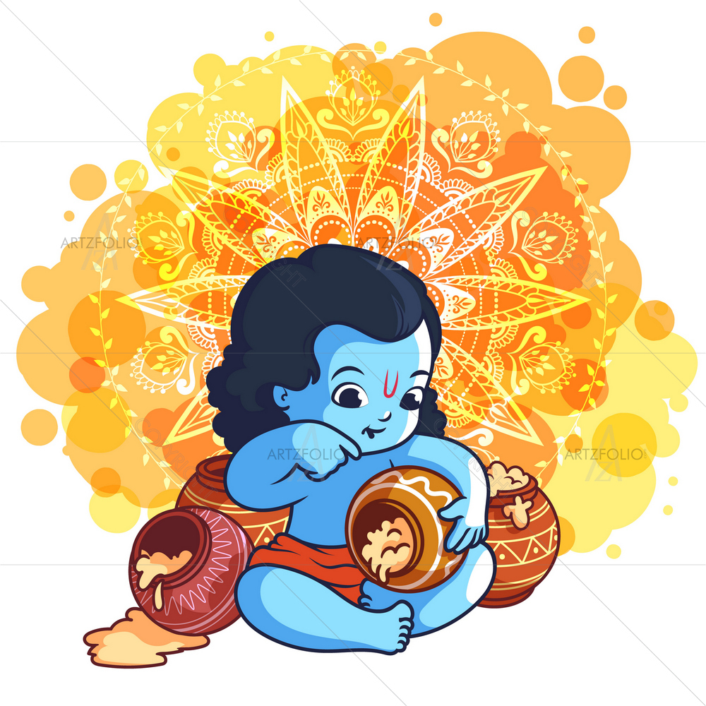 Cartoon God Krishna with Makhan Pot — custom-size art design 5011106