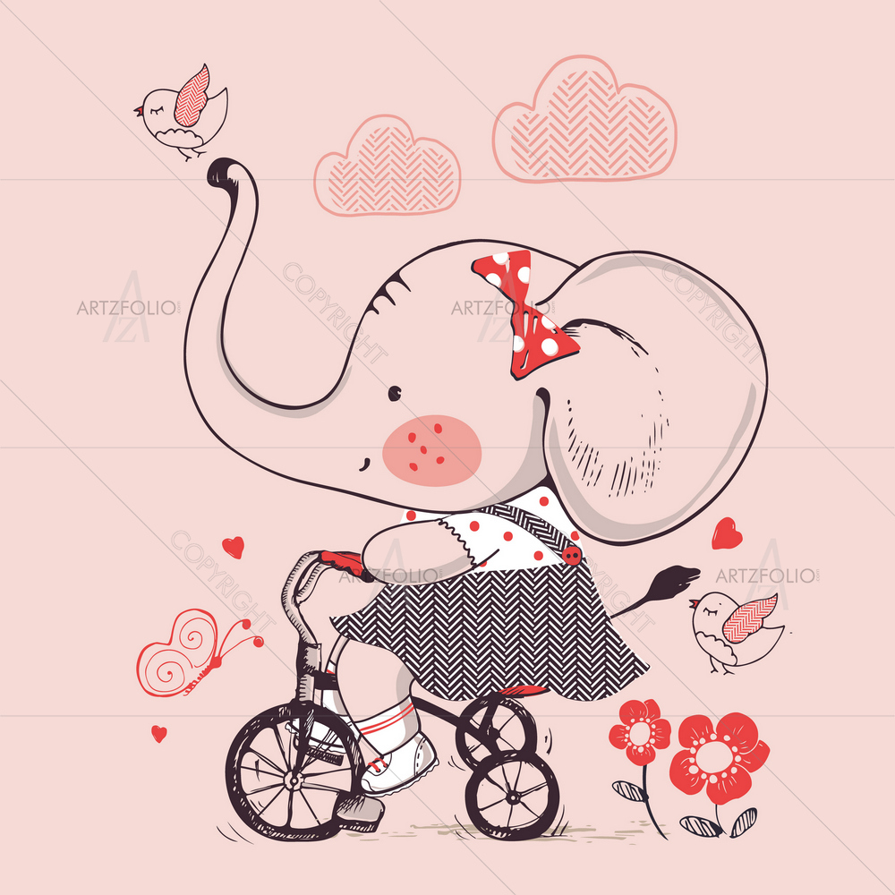 Baby Girl Elephant Riding Bicycle — Ancient custom art by ArtzFolio