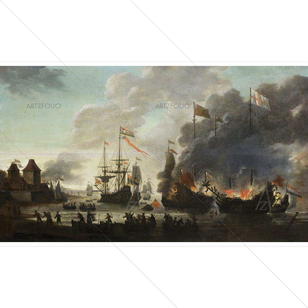 Dutch Burn English Ships During Expedition to Chatham, Jan Van Leyden, 1667-69 — custom-size art design 5011181