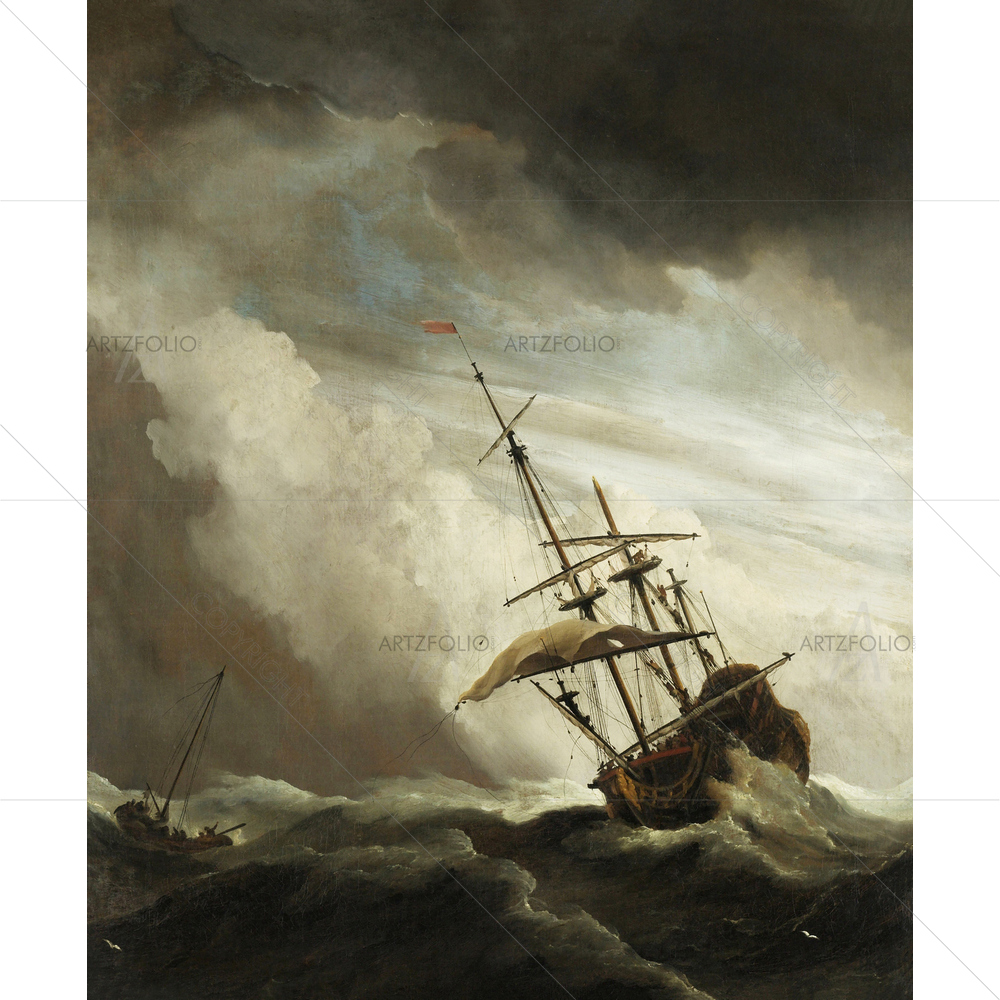 Ship on High Seas Caught by Squall, Willem Van De Velde, 1680 — Baroque custom art by ArtzFolio