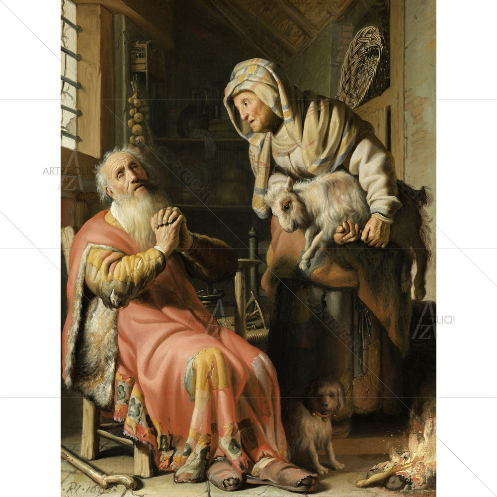 Tobit and Anna with Kid, Rembrandt Van Rijn, 1626 — custom-size art design 5011216