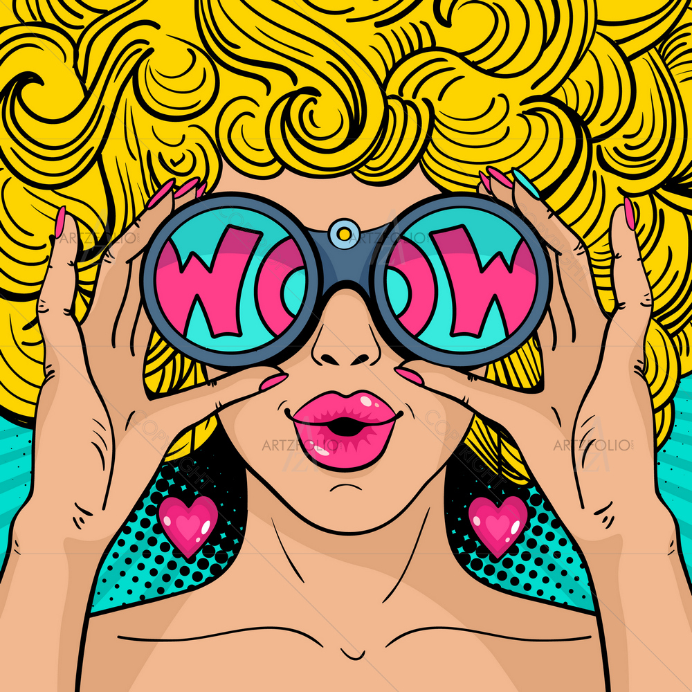 Surprised Woman Holding Binoculars — custom-size art design 5011352