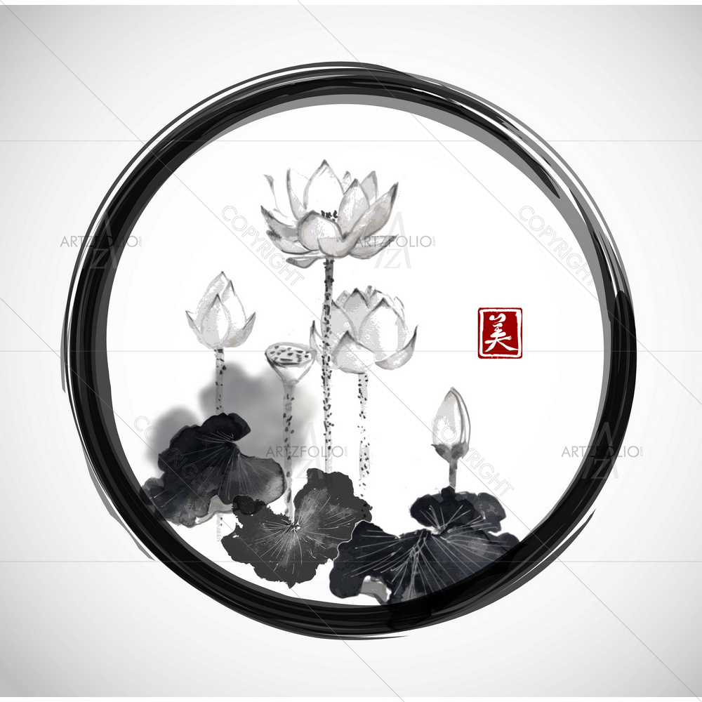 Lotus Flower in Enso Zen Circle — Botanical custom art by ArtzFolio