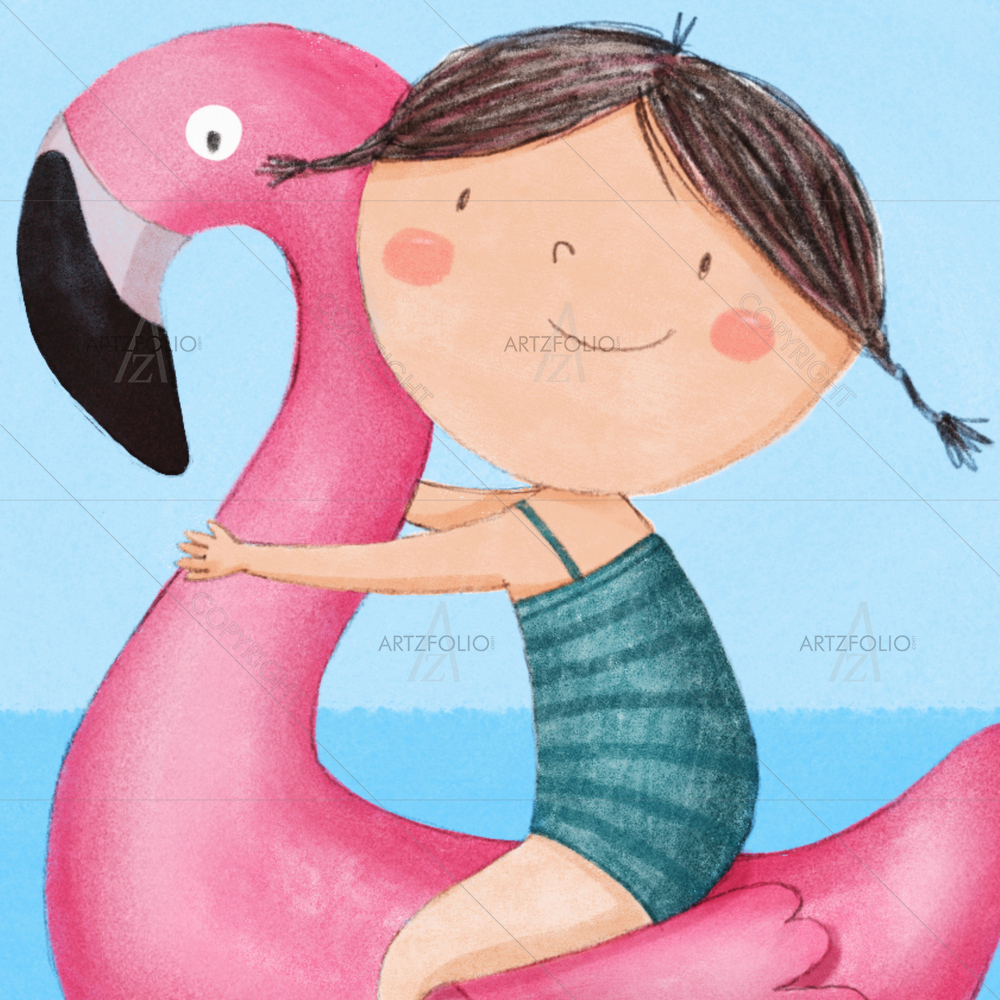 Girl and Flamingo — Animated Cartoons custom art by ArtzFolio