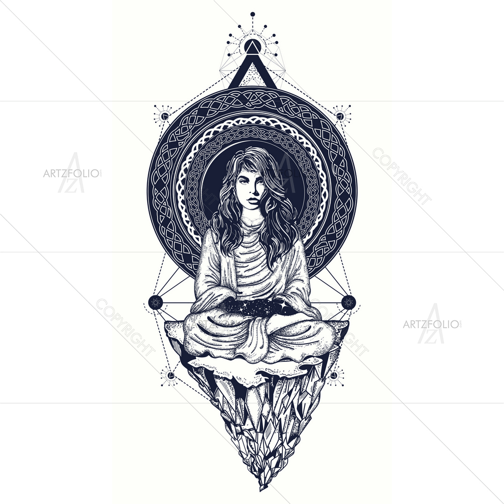 Girl Meditates on Flying Mountain — custom-size art design 5011596