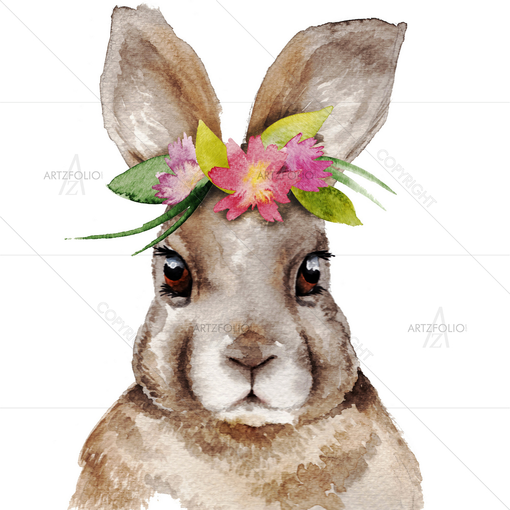 Rabbit with Flower Wreath — Botanical custom art by ArtzFolio