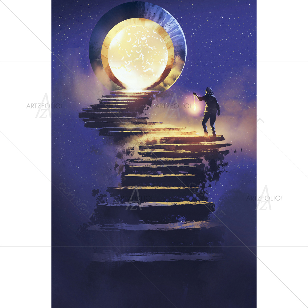 Man with Lantern Walking on Staircase — custom-size art design 5011740