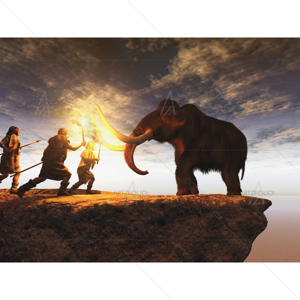Prehistoric Men Hunting Mammoth — custom-size art design 5011746